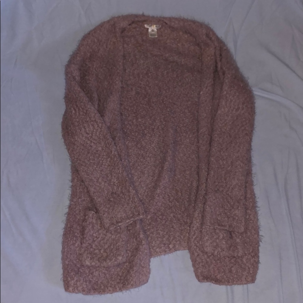 pink fuzzy cardigan